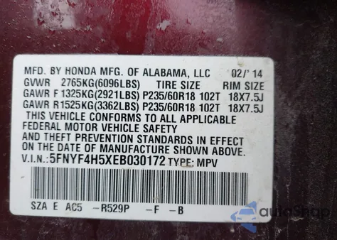 2014 Honda Pilot Ex-L from USA, damaged, VIN 5FNYF4H5XEB030172